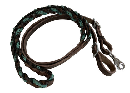 Miracle Braid Teal Filigree & Dark oil leather contest/roping rein 8' with buckles