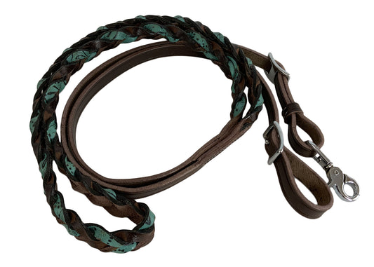 Miracle Braid Teal Filigree & Dark oil leather contest/roping rein 8' with buckles