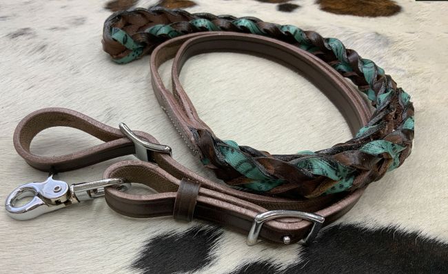 Miracle Braid Teal Filigree & Dark oil leather contest/roping rein 8' with buckles
