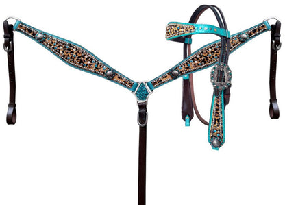Showman Hair on Cheetah with Metallic Teal accent Browband Headstall and Breast Collar Tack Set