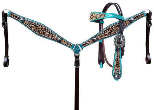 Showman Hair on Cheetah with Metallic Teal accent Browband Headstall and Breast Collar Tack Set