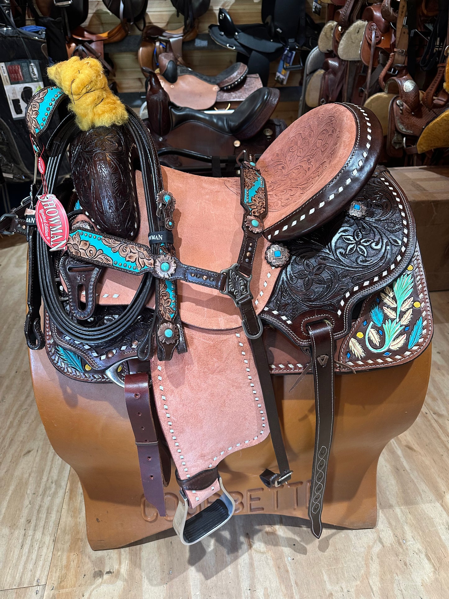 16" Barrel style western saddle with floral tooled seat Model AS2814