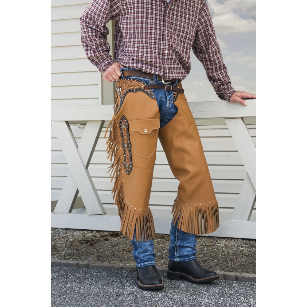 Tough1 Premium Leather Chinks with Floral Yoke & Pocket