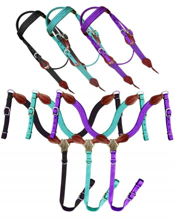 Showman Nylon Brow Band Headstall and Breast collar Tack set with leather accents
