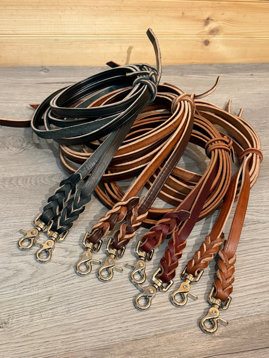 Braided End Leather Split Reins 8’ w/Snap Ends - Choose Color