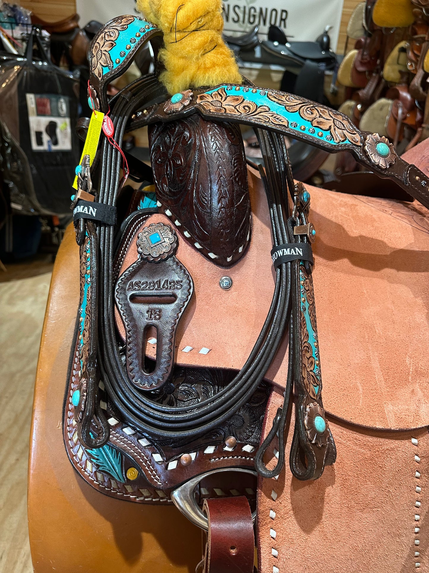16" Barrel style western saddle with floral tooled seat Model AS2814