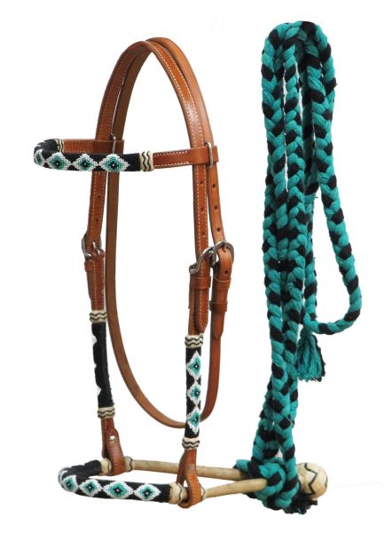 Teal/Black Beaded Browband Bosal with Cotton reins
