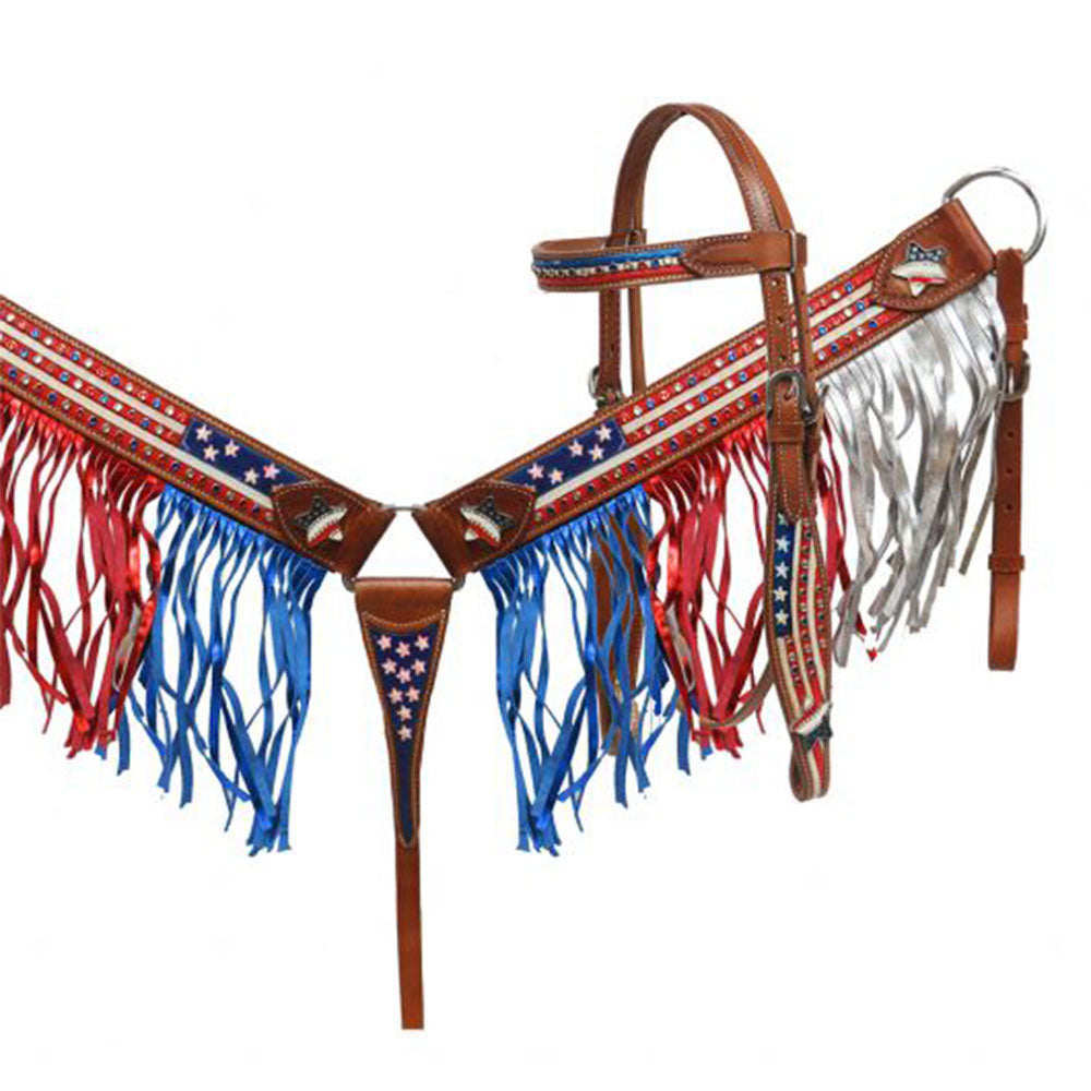 Painted American Flag headstall and breast collar set with fringe