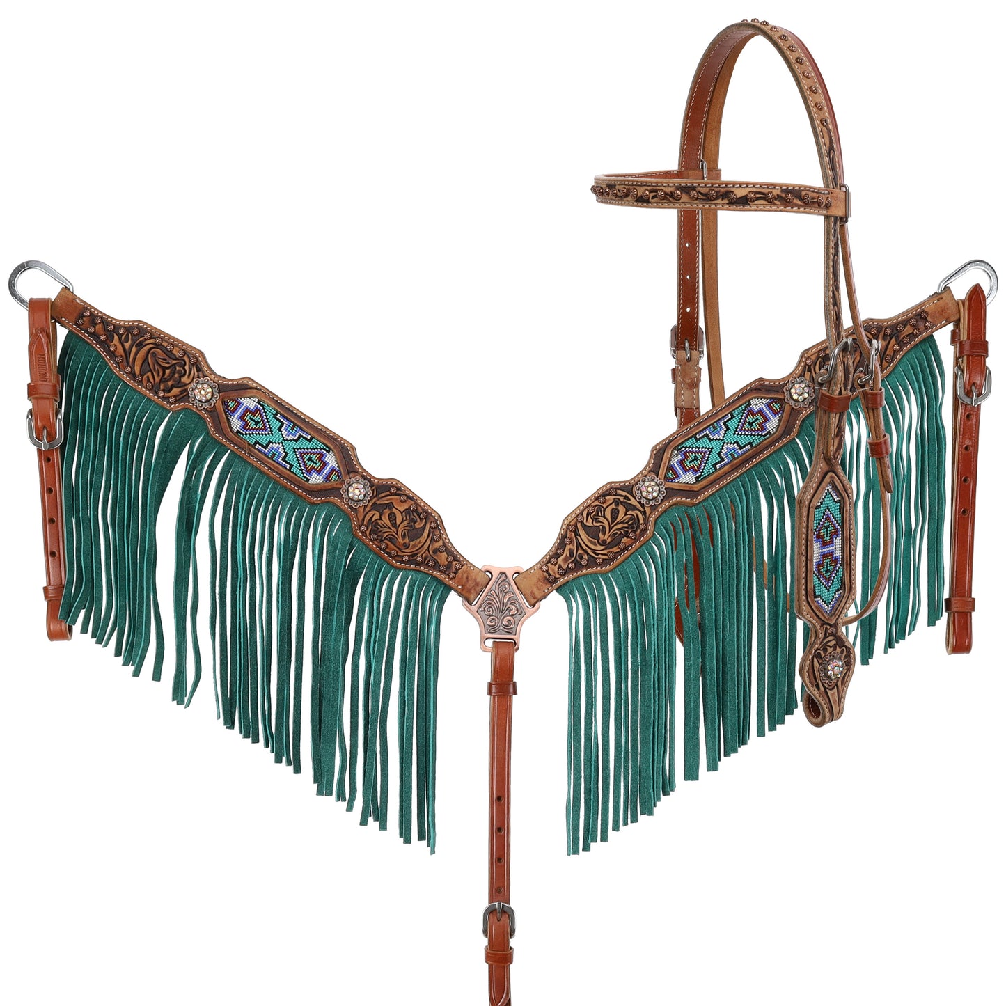 Beaded Turquoise Fringe Browband Headstall and Breastcollar Tack Set