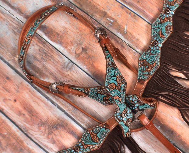 Turquoise/Brown Floral HorseShoe browband headstall and breast collar Tack set
