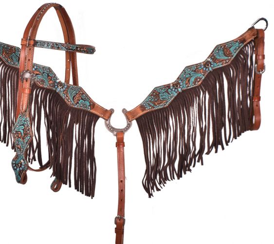 Turquoise/Brown Floral HorseShoe browband headstall and breast collar Tack set