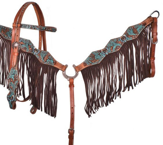 Turquoise/Brown Floral HorseShoe browband headstall and breast collar Tack set
