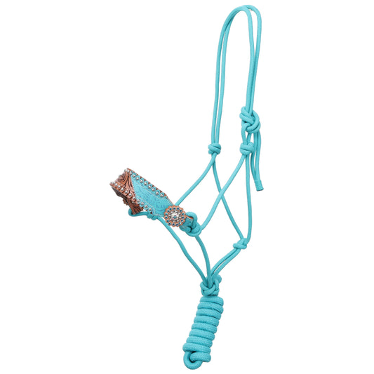 Teal Petals Leather Nose Cowboy Knot Halter with Lead