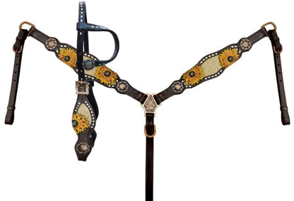 Showman One Ear Headstall & Breastcollar set with burlap inlay with painted sunflower accent