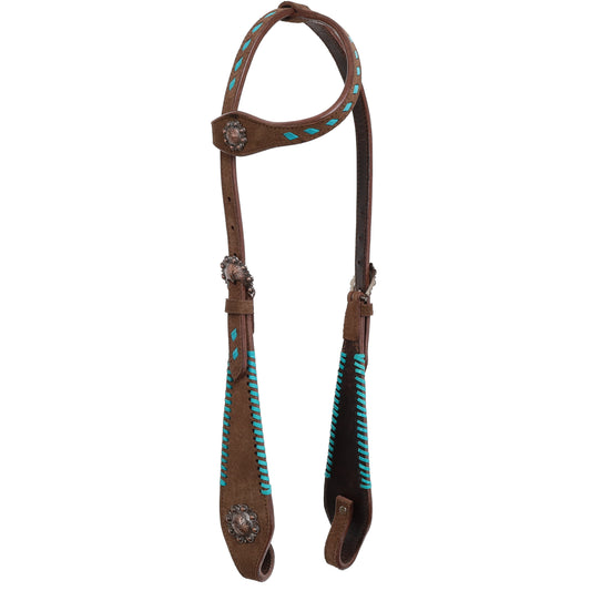 Showman One Ear Chocolate Roughout One Ear Headstall and Breastcollar Set with Teal Lacing