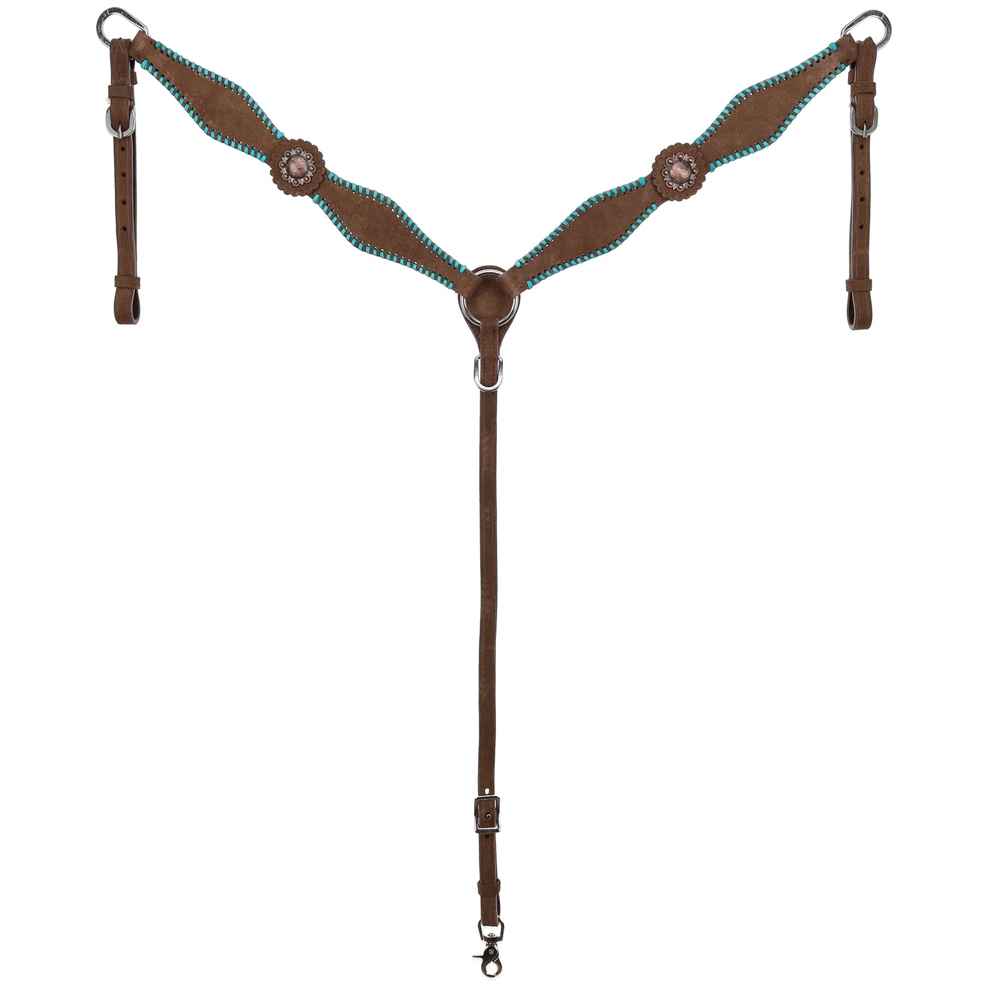Showman One Ear Chocolate Roughout One Ear Headstall and Breastcollar Set with Teal Lacing