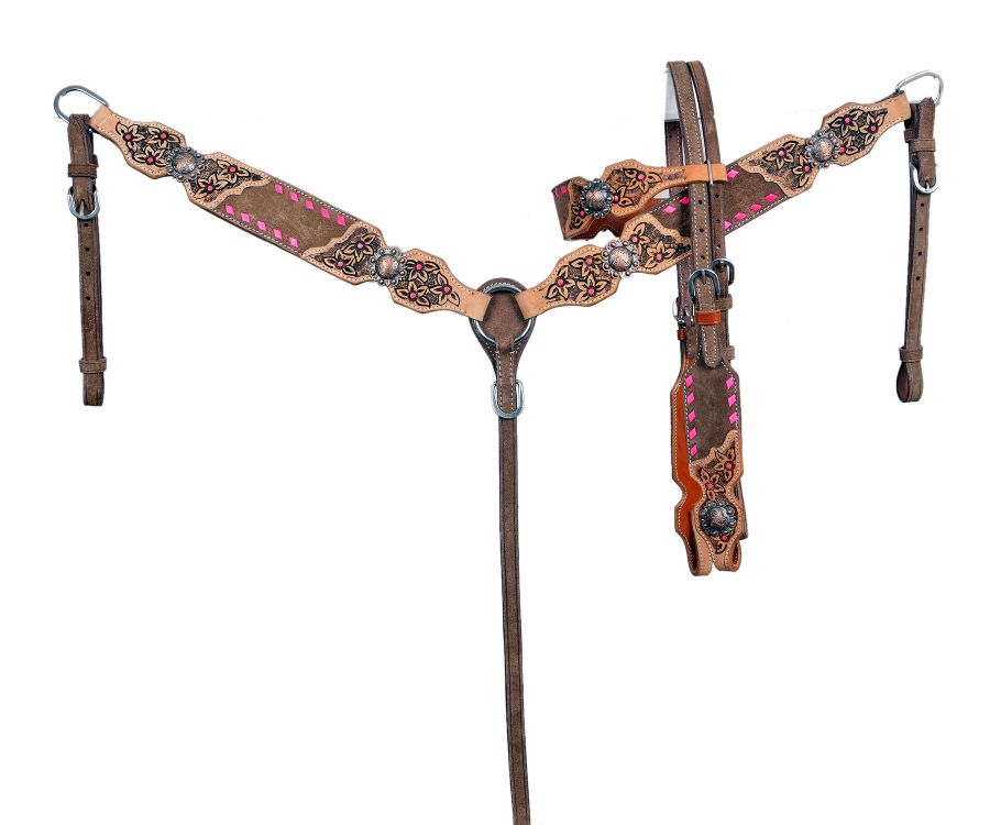 Chocolate Oiled Browband Headstall and Breast Collar Set with pink buck stitch Tooling