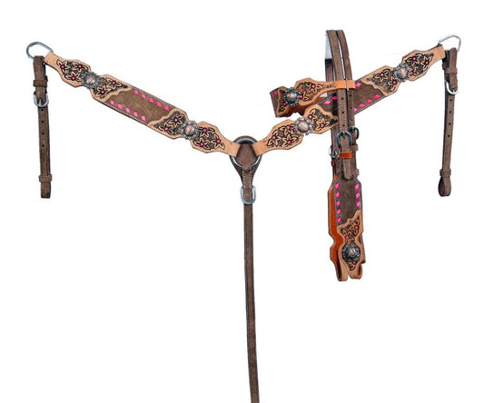 Chocolate Oiled Browband Headstall and Breast Collar Set with pink buck stitch Tooling