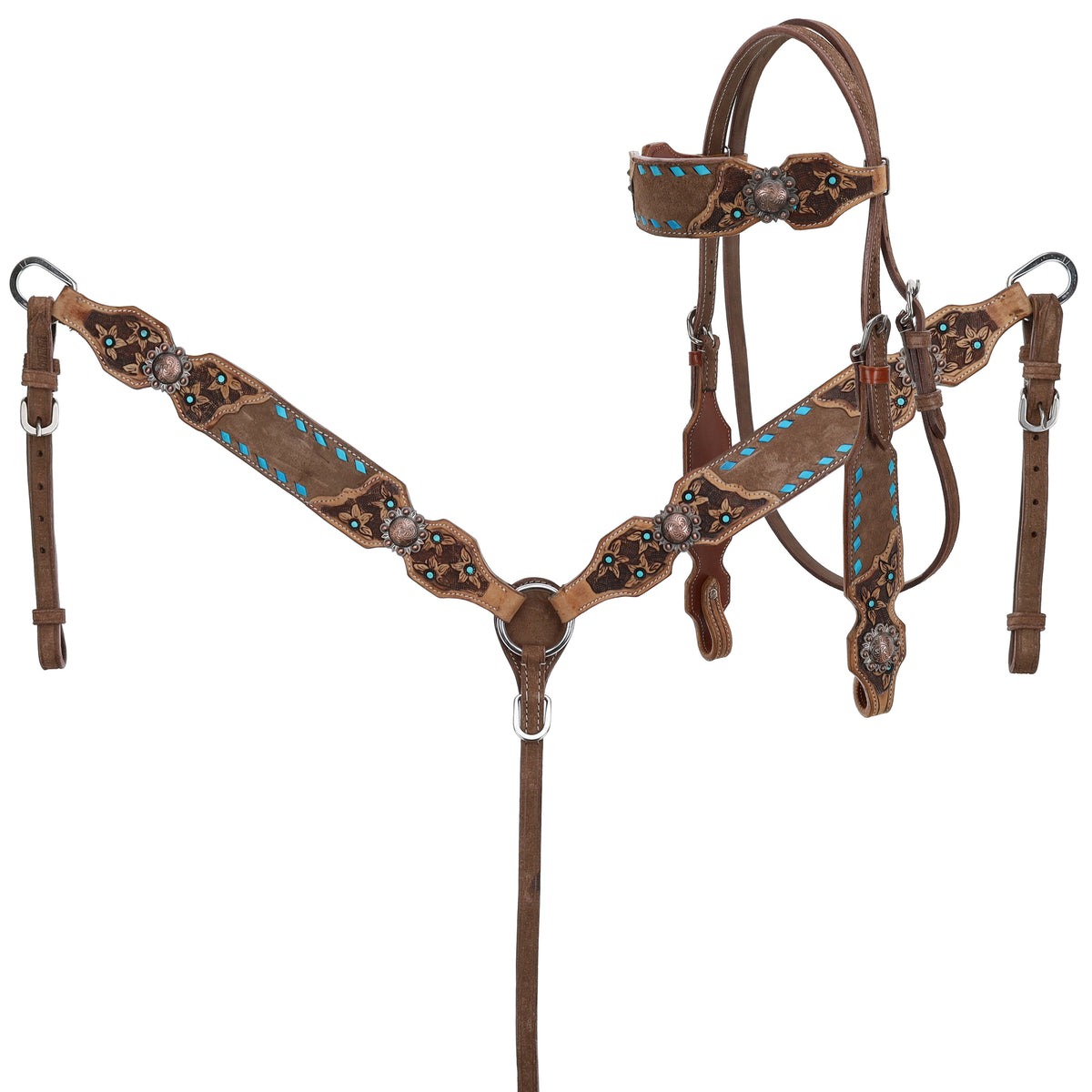 Cocoa Creek Chocolate Roughout Teal Buckstitch Browband Headstall and Breastcollar Tack Set