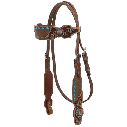 Cocoa Creek Chocolate Roughout Teal Buckstitch Browband Headstall and Breastcollar Tack Set