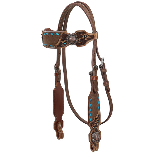 Cocoa Creek Chocolate Roughout Teal Buckstitch Browband Headstall and Breastcollar Tack Set