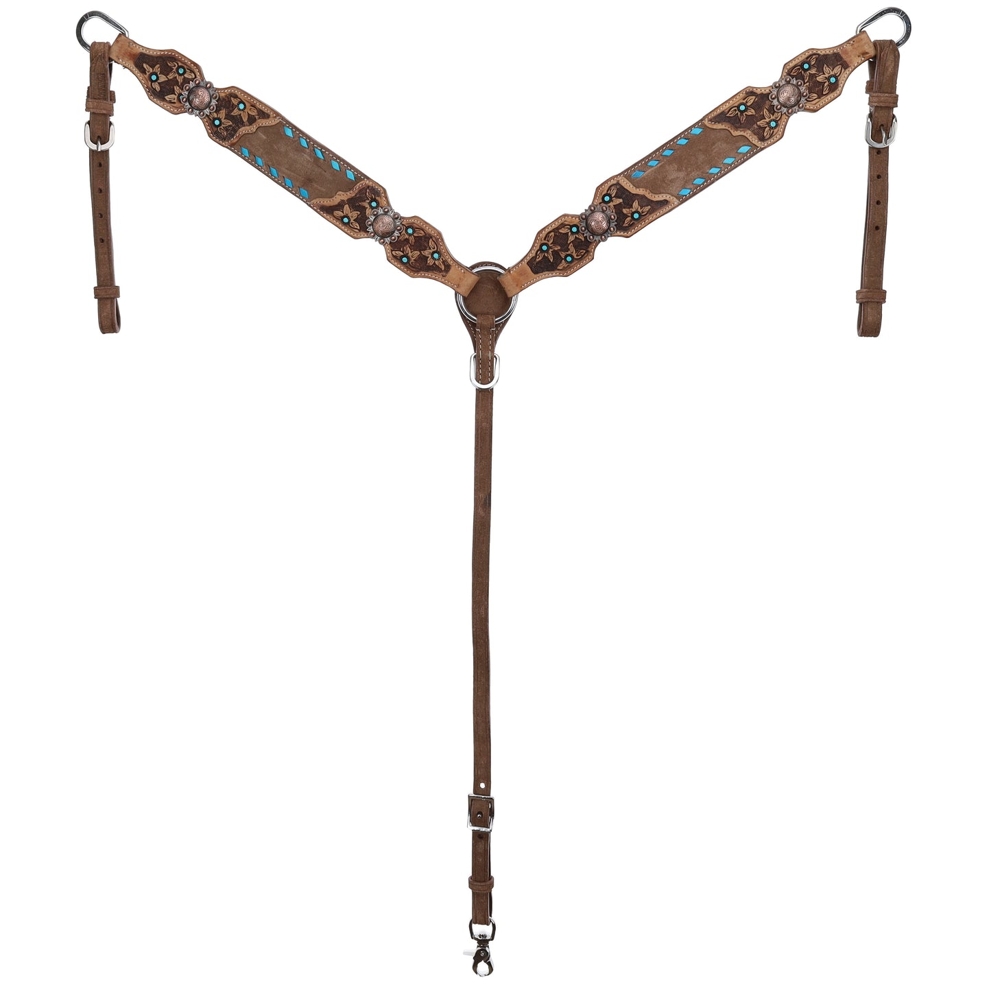 Cocoa Creek Chocolate Roughout Teal Buckstitch Browband Headstall and Breastcollar Tack Set