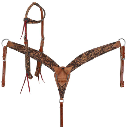 Medium Oil Meadows Tooled One Ear Headstall and Breastcollar Tack Set