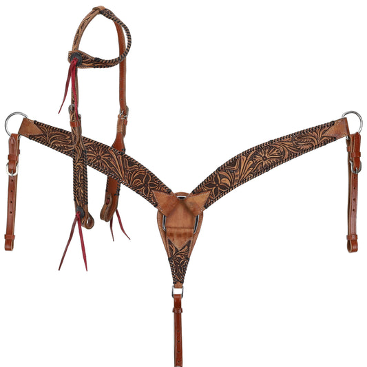 Medium Oil Meadows Tooled One Ear Headstall and Breastcollar Tack Set
