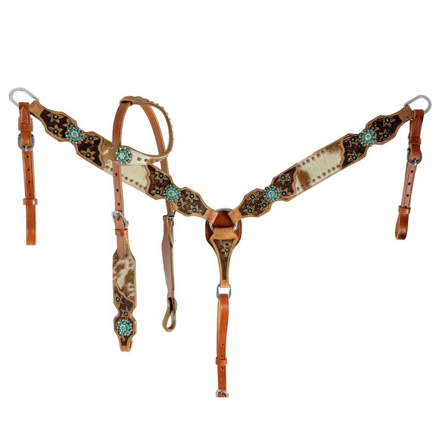 Longhorn Cowhide Turquoise One Ear Headstall and Breastcollar Tack Set