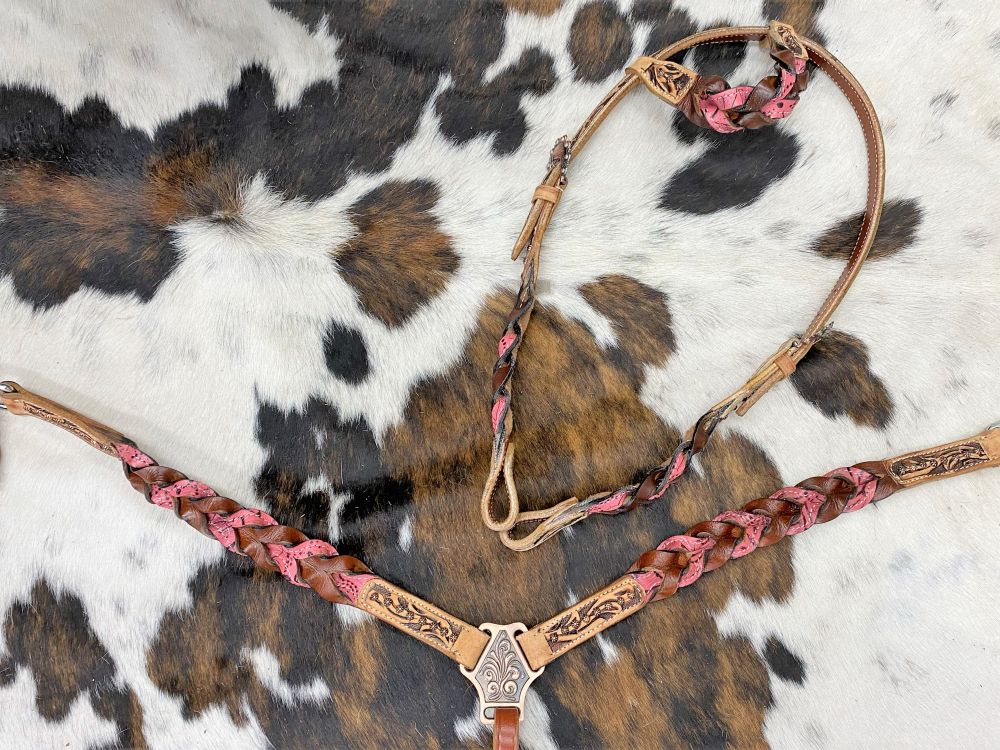 Pink Miracle Braid One Ear Headstall and Breastcollar Tack Set