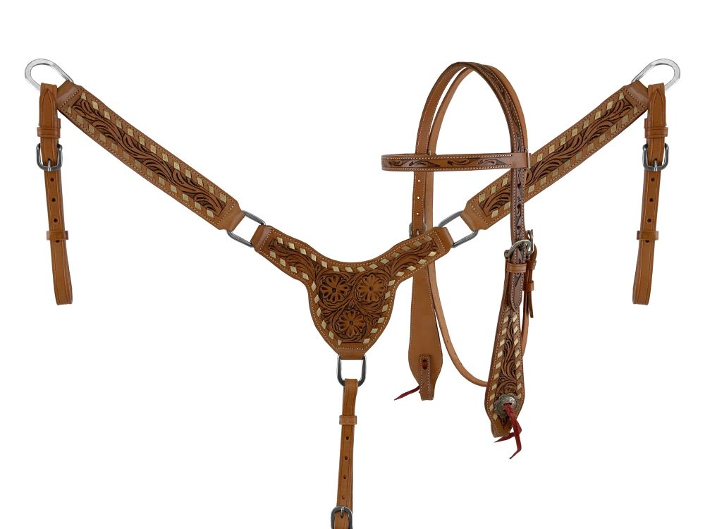 Floral Rawhide Buckstitch Gladiator Style Browband Headstall and Breastcollar Tack Set