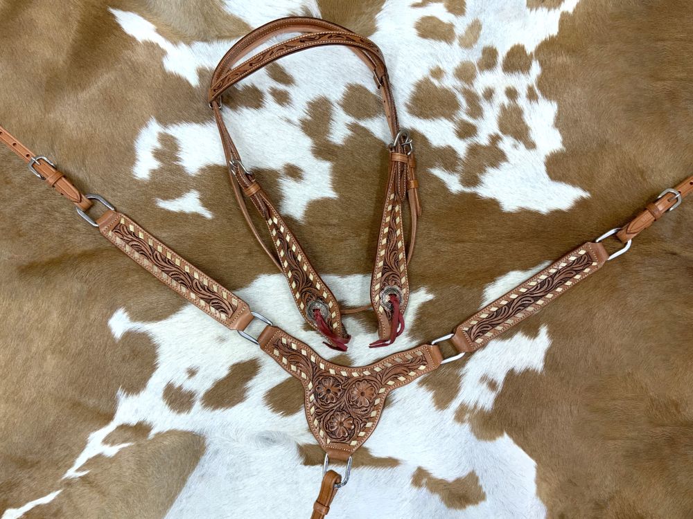 Floral Rawhide Buckstitch Gladiator Style Browband Headstall and Breastcollar Tack Set