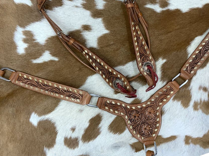 Floral Rawhide Buckstitch Gladiator Style Browband Headstall and Breastcollar Tack Set