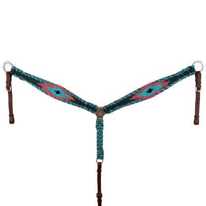 Tropical Mohair Browband Headstall and Breastcollar Tack Set - Teal/Coral