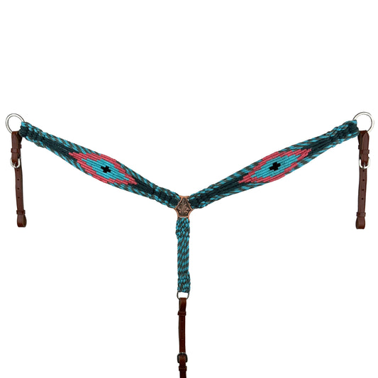 Tropical Mohair Browband Headstall and Breastcollar Tack Set - Teal/Coral