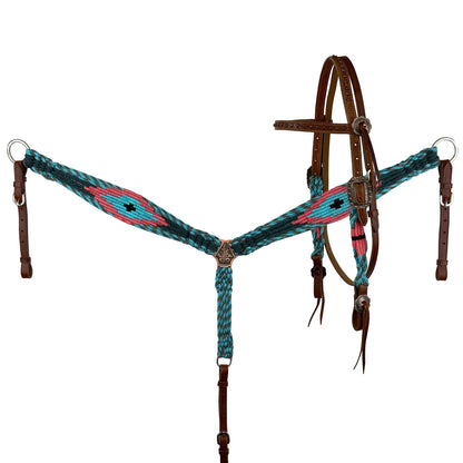 Tropical Mohair Browband Headstall and Breastcollar Tack Set - Teal/Coral