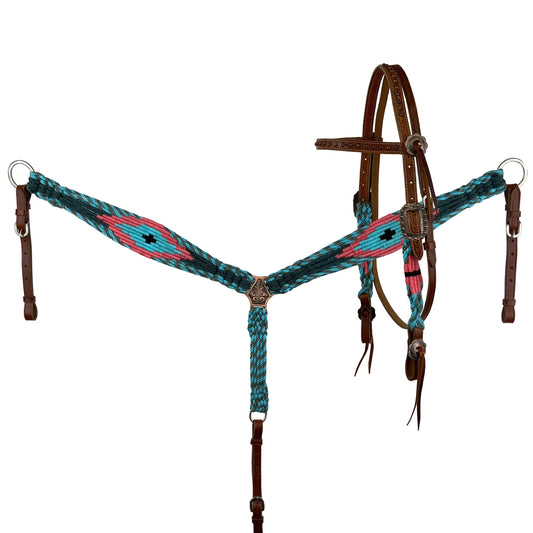 Tropical Mohair Browband Headstall and Breastcollar Tack Set - Teal/Coral