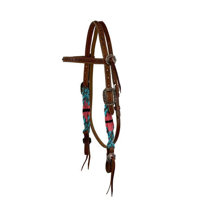 Tropical Mohair Browband Headstall and Breastcollar Tack Set - Teal/Coral