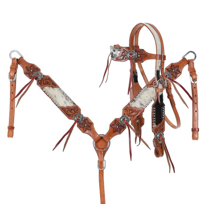 Showman Leather Lily Browband Headstall, Breast Collar, Reins Tack Set