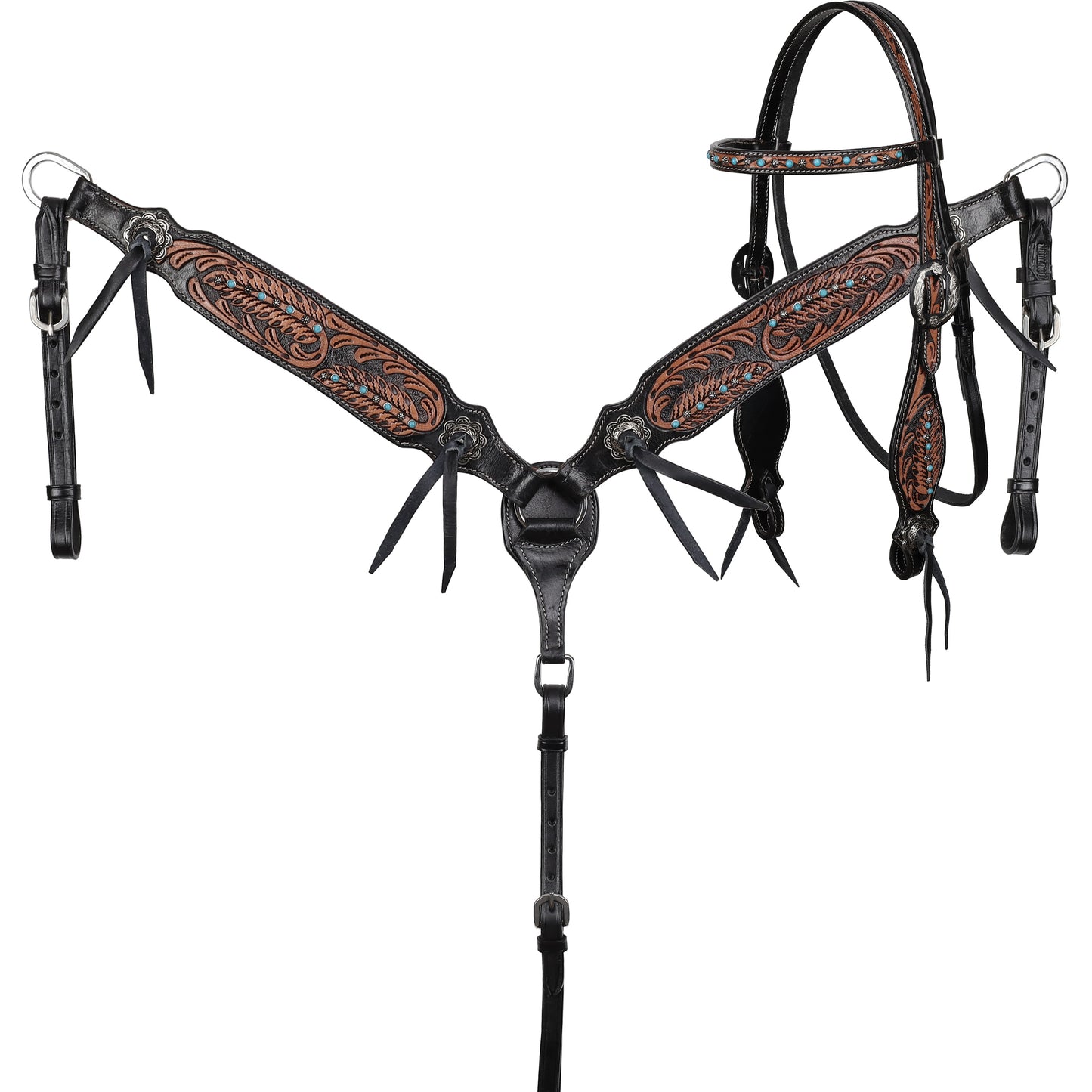 Showman Dark Oil Midnight Wing Browband Headstall, Breast Collar, Reins Tack Set