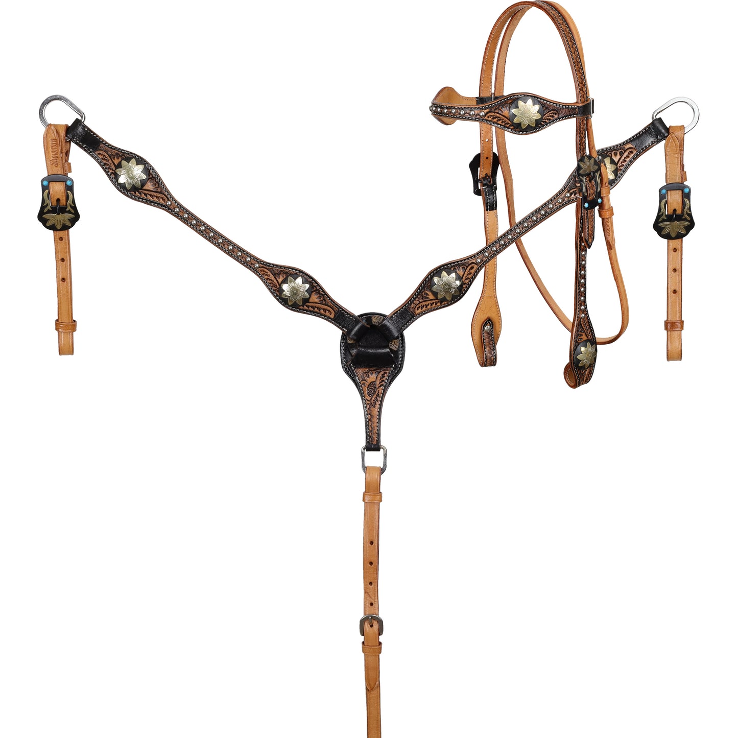 Showman Antique Sterling Floral Browband Headstall, Breast Collar, Reins Tack Set