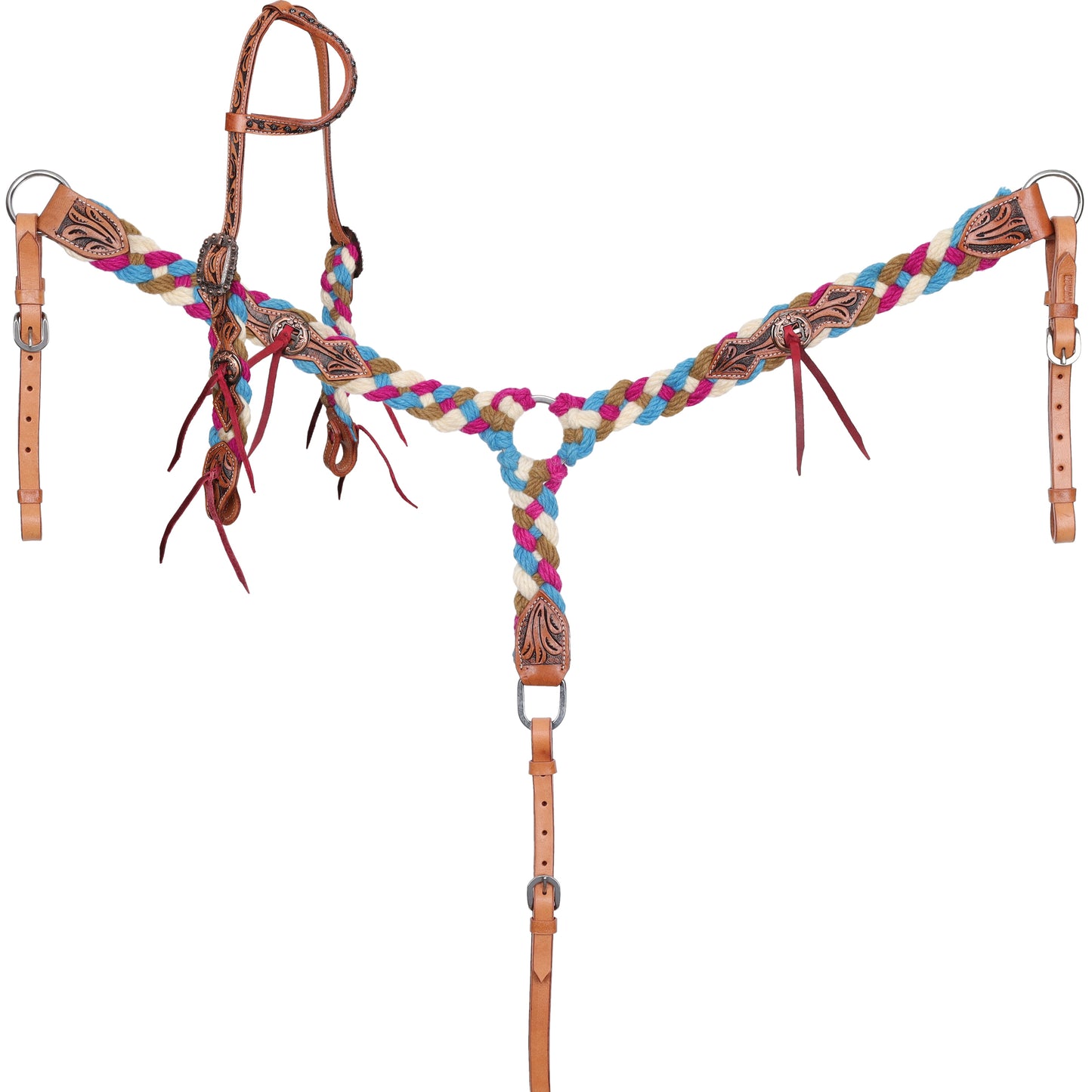 Sage Skies Mohair One Ear Headstall and Breastcollar Tack Set - Pink, White, Blue, Tan
