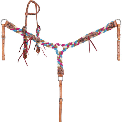 Sage Skies Mohair One Ear Headstall and Breastcollar Tack Set - Pink, White, Blue, Tan