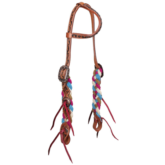 Sage Skies Mohair One Ear Headstall and Breastcollar Tack Set - Pink, White, Blue, Tan