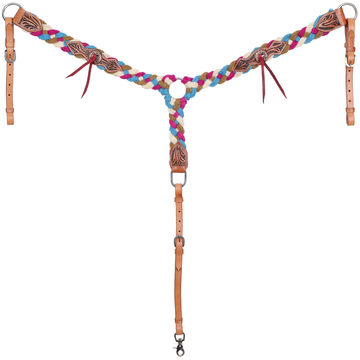 Sage Skies Mohair One Ear Headstall and Breastcollar Tack Set - Pink, White, Blue, Tan
