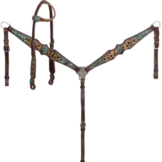 Teal Leopard Luxe One Ear Headstall and Breastcollar Tack Set