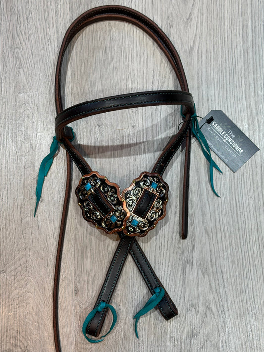 Scalloped Oval Turquoise Color Stitch Browband Headstall– Premium Amish Leather by Spur Creek Tack