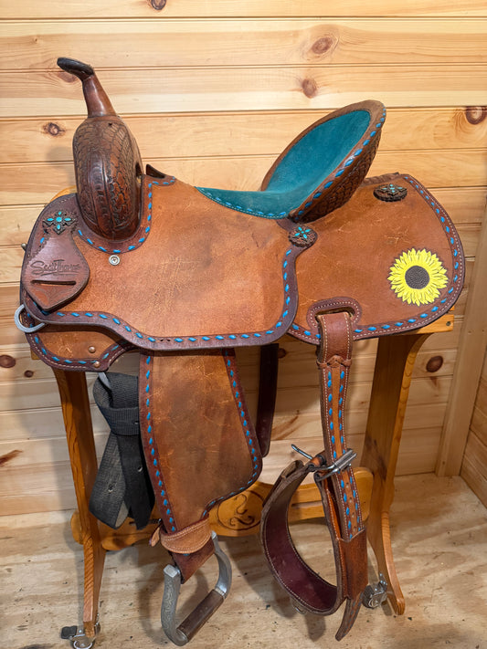 15” Scott Thomas Teal Sunflower Barrel Racing Saddle w/ Matching Tack Set
