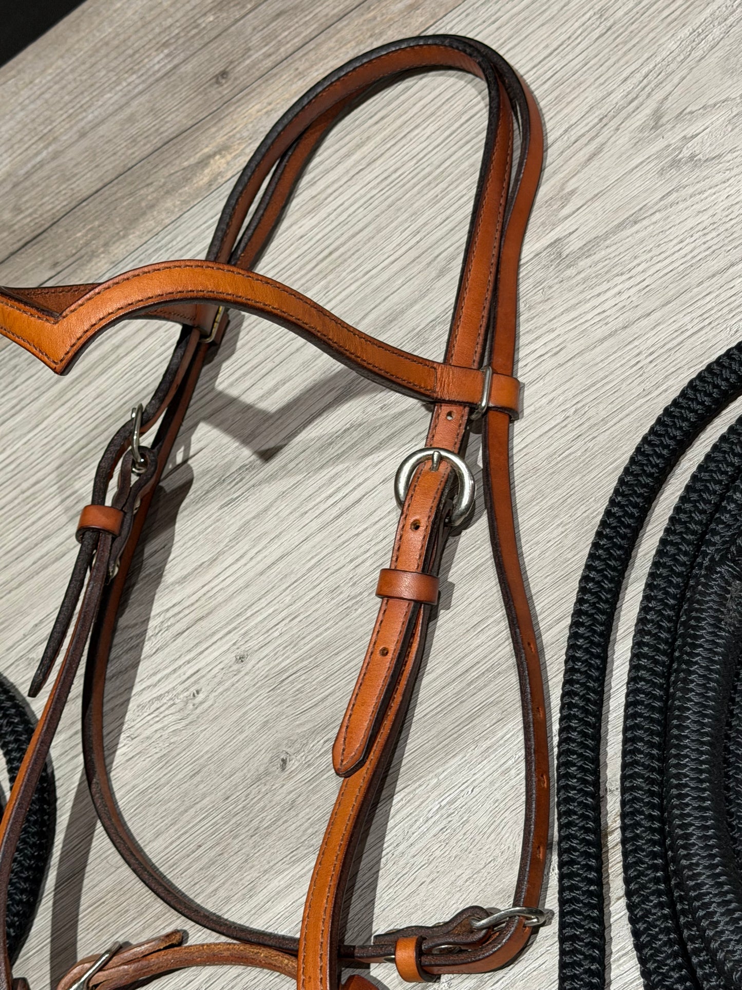 Clinton Anderson Snaffle Bit & Mecate Reins, Med. oil Tory Leather Headstall