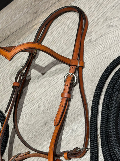 Clinton Anderson Snaffle Bit & Mecate Reins, Med. oil Tory Leather Headstall